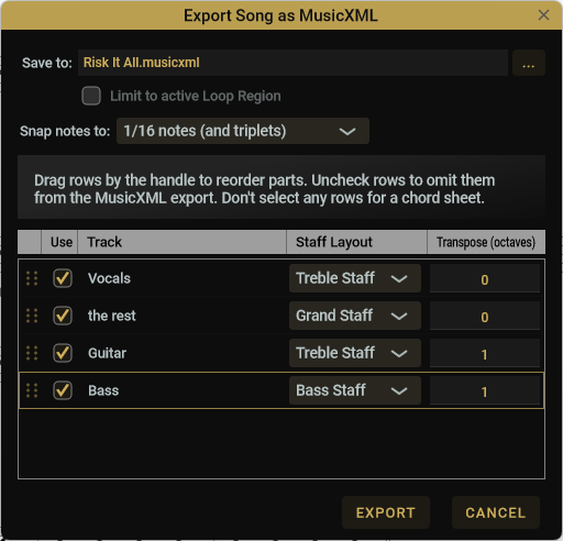 MusicXML export dialog