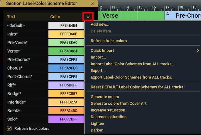 Label set menu options