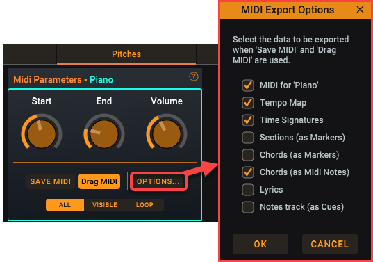 The Midi Parameters sub-panel is used to control the midi layer