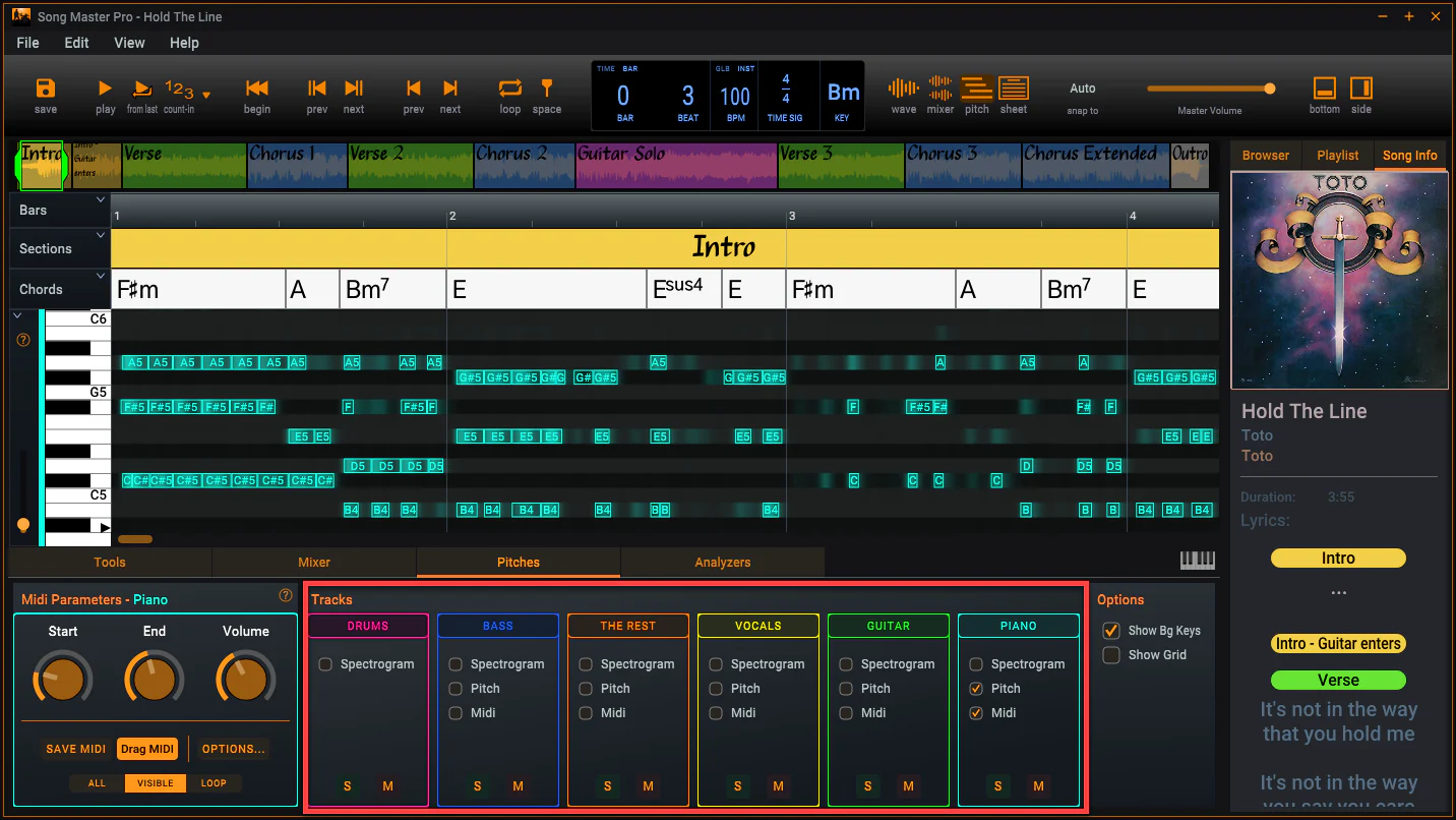 The pitches viewer showing the Pitch and Midi layers