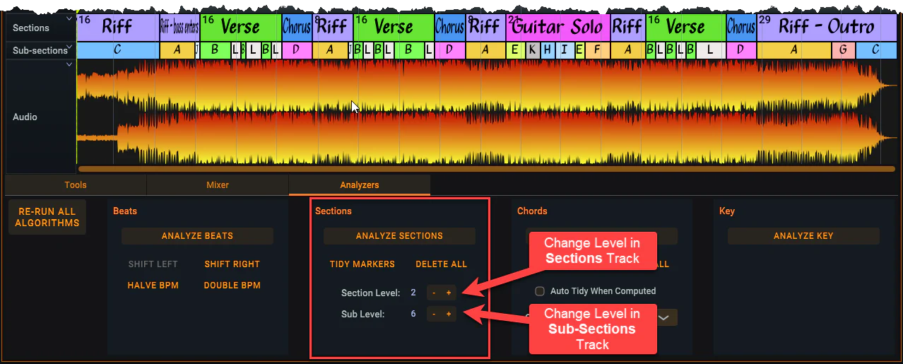 Use the Main Level and Sub Level buttons to change the Level displayed in teh section tracks.