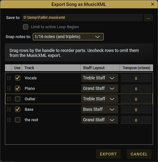 MusicXML export dialog
