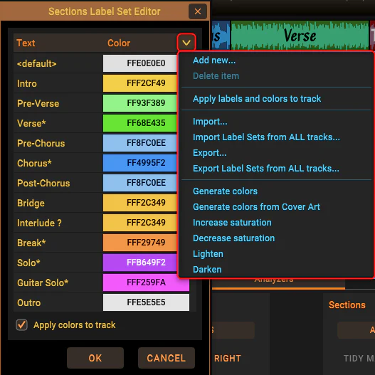 Label set menu options