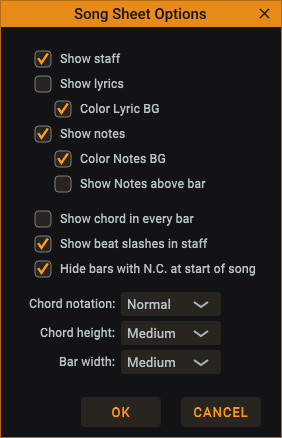 Song Sheet options